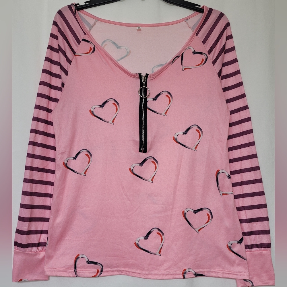 Pink Heart Print Long Sleeve with Striped Arms & Ring Zipper Pull Size S